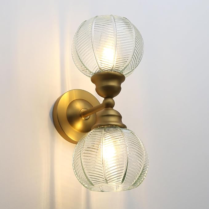 Pathson 2-Lights Vintage Wall Sconce with Green Leaf-Pattern Globe Glass, Double-Head Bathroom Vanity Lights Over Mirror, Brass Vintage Bathroom Sconce Lamp for Living Room Bedroom Above Mirror