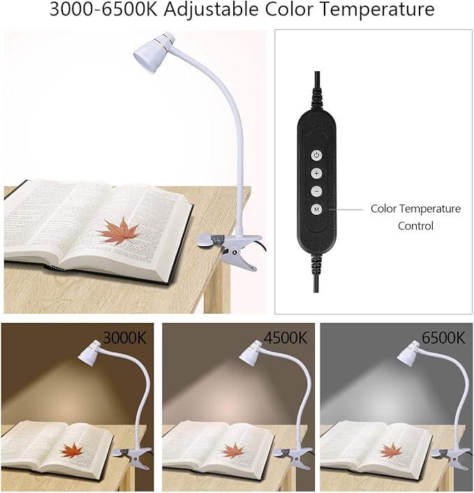 LED Clip Desk Lamp, Headboard Light with Strong Clamp, Bed Reading Light with 3000k-6500K Adjustable Color Temperature Options for Brighter Illumination (Milky White)