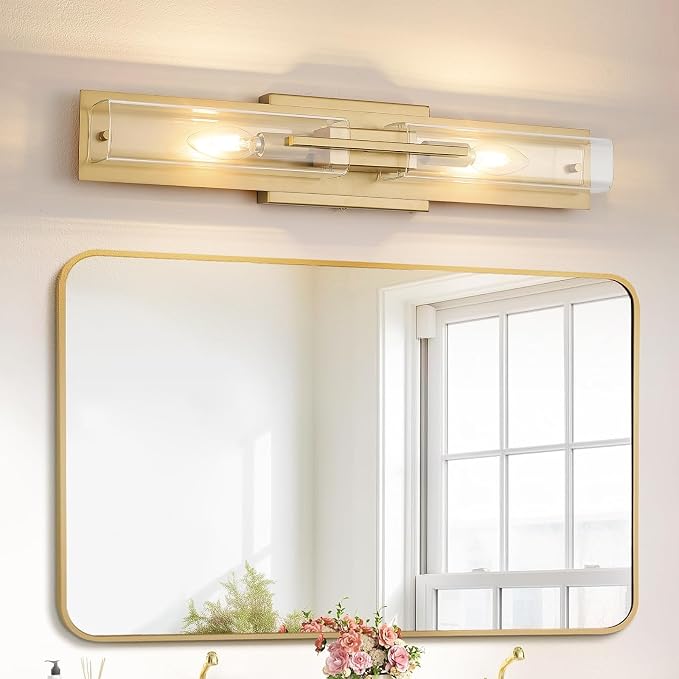 VitaLink Modern Bathroom Vanity Light Fixtures, 24-Inch Gold Modern Glass Bathroom Wall Lighting Fixtures Over Mirror Wall Mounting Lighting for Living Rooms Hallways Bedrooms