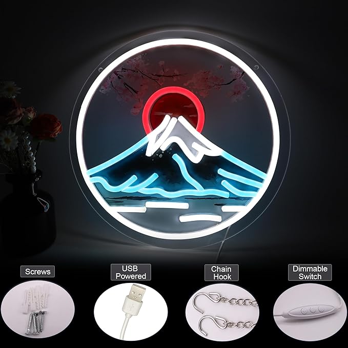 Mount Fuji Sunrise LED Neon Sign with Cherry Blossom, Japanese Sakura Style Wall Decor, USB Powered Neon Light for Bedroom, Living Room & Aesthetic Home Decor Holiday Birthday Gifts