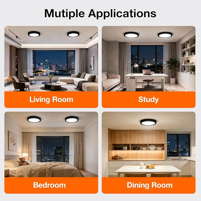 Sylvania 12" LED Flush Mount Ceiling Light Fixture, 24W, 1600 LMS, Hardwired, 3000K, Warm White, Black, LED Lights for Bedroom Kitchen Hallway Porch - 1 Pack (66459)