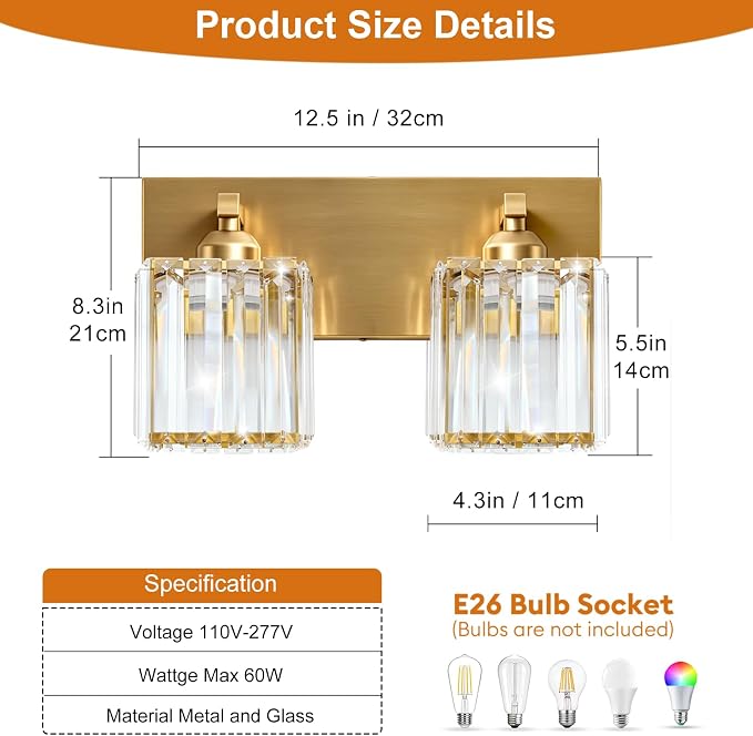 Gold Crystal Bathroom Vanity Light, 2-Light Modern Bathroom Lighting Fixtures Over Mirror,Chrome Wall Sconce Light Fixtures with Square Shade