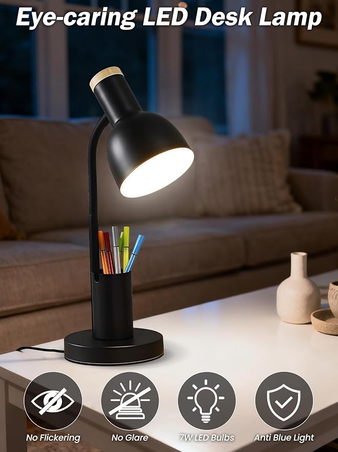 LED Desk Lamp for Home Office, Table Lamp with Pen Holder, 3 Color Modes Reading Light, Eye-Caring Desk Light with Gooseneck, Metal Study Lamp for Dorm Bedside Bedroom (Black Lamp)