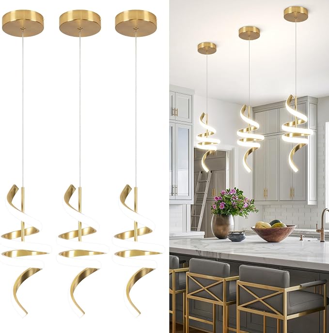 Modern Spiral LED Pendant Lights Kitchen Island, 22W Adjustable Height Hanging Light Fixture 5500K Gold Chandelier for Dining Room Cafe Table, 3 Pack