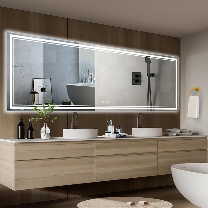 Ratsamee 110x40 Inch Led Mirror for Bathroom with Front Light and Backlit, Bathroom Mirror with Led Lights, Vanity Mirror with Lights for Wall, Anti-Fog, Dimmable, Memory Function, Tempered Glass