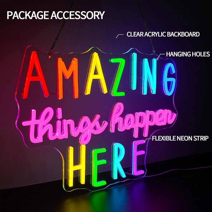 Amazing Things Happen Here Neon Sign Dimmable Positive Letters Neon Light Sign for Wall Decor Colorful Led Sign for Bedroom Cafe Bar Classroom Party Decor Birthday Gift 16.5" x 12"
