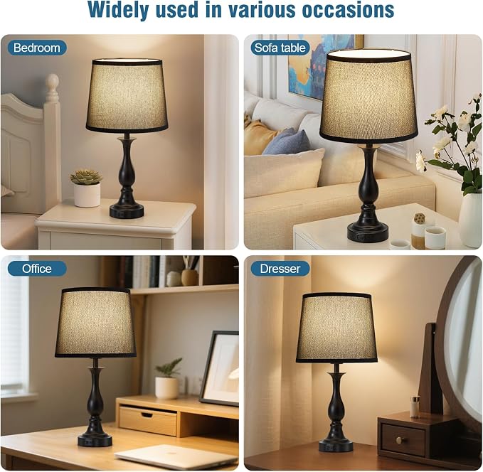 Bedside Table Lamp Touch Control Bedroom Lamps with USB A + C Charging Port 3 Way Dimmable Touch Lamps for Nightstand Living Room Bedroom Dorm Home Office Reading, Set of 2 (Black Shade & Black Base)