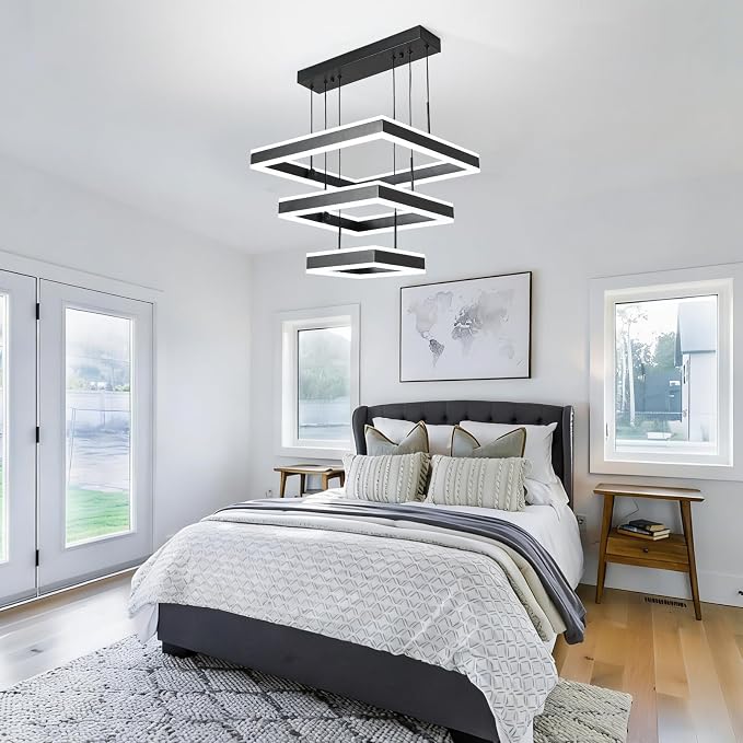 O'NEELDY LED Pendant Light Fixture, 20.47'' Modern Chandelier Square Rings Adjustable Height Black Pendant Lighting 3 Lights Kitchen Island Chandeliers for Dining Room, 6000K