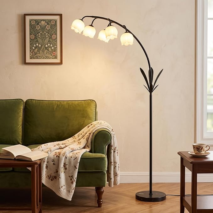 HMVPL Black Floor Lamp for Living Room, Flower Floor Lamp with 5 G9 LED Bulbs, Foot Switch, Arc Standing Lamp with Acrylic Shade,Marble Base, Cute Tall Lamp for Living Room Corner Bedroom Reading Home