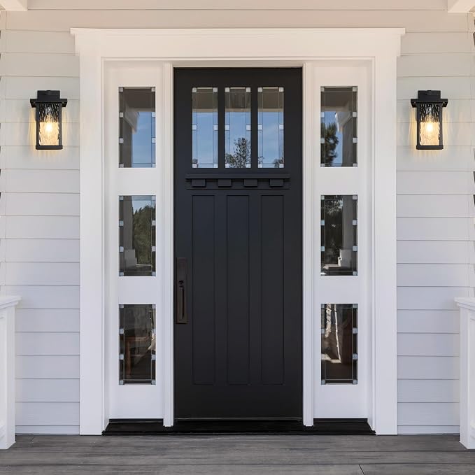 Black Outdoor Wall Light Fixtures with Water Ripple Glass, 2-Pack