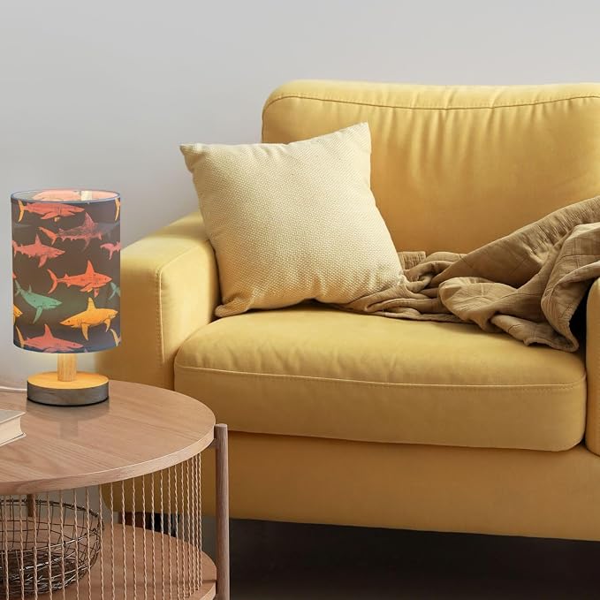 Fustylead Retro Colorful Sharks Undersea Animal Bedside Table Lamps with USB Port for Bedroom Lamp Small Nightstand Lamp Sturdy Linen Shade Wooden Decorative Lamps for Nursery Kids Reading Dorm Home