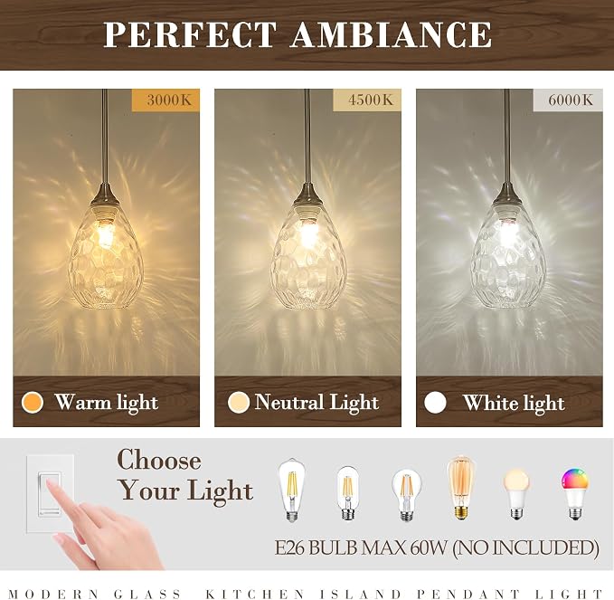 Glass Pendant Lights Kitchen Island, 1-Light Modern Brushed Nickel Pendant Light Fixtures with Hammered Glass and Rods, Small Hanging Light for Kitchen Sink Dining Room Bathroom