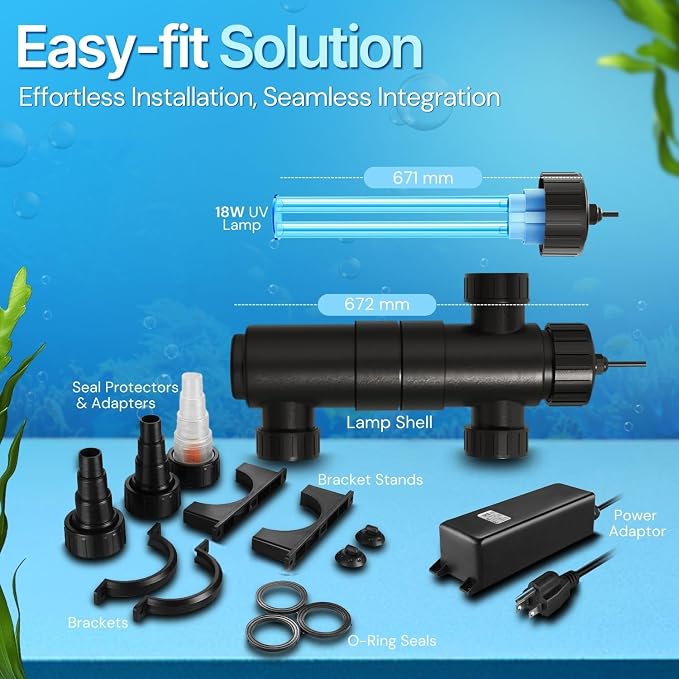 Flexzion Pond UV Lights for Outdoor Ponds - 18W Medium Light, 5283-Gal Capacity, 2500L/H UV Pond Clarifier for Outdoor Ponds, Clears Water in Days (CUV-118) | 18W Uv Light for Pond Clarifier, 2500L/H Flow