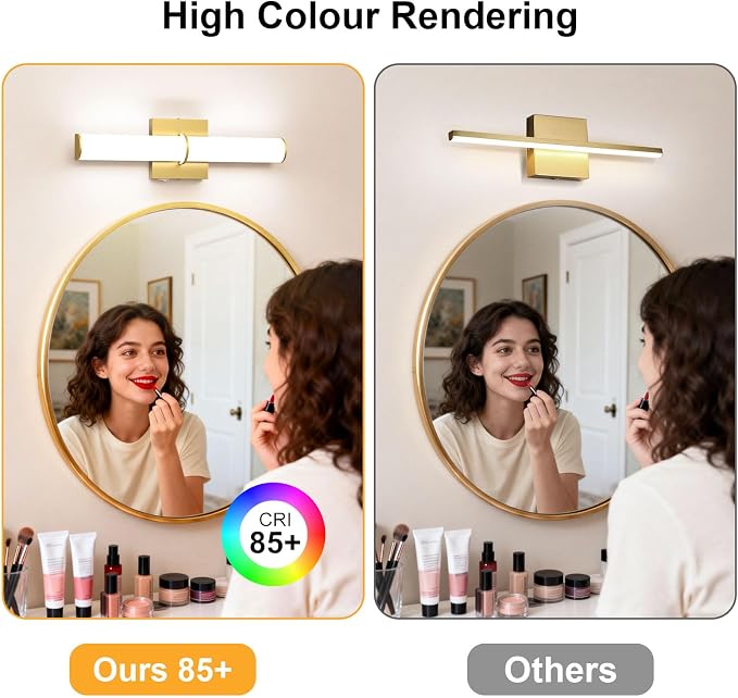 17.3Inch Modern Vanity Light Fixture with Switch, 12W 5000K Led Bathroom Light Fixture Over Mirror, Hardwired, 1200LM Gold Vanity Light Bar for Mirror Bedroom Hallway Living Room