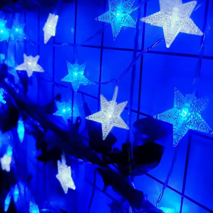 Minetom 33ft Blue and White Star String Lights Plug in | 100 LED, Remote and Timer, 8 Modes, Waterproof for Tent Loft Bed Backyard Patio Balcony Staircase Classroom Decor