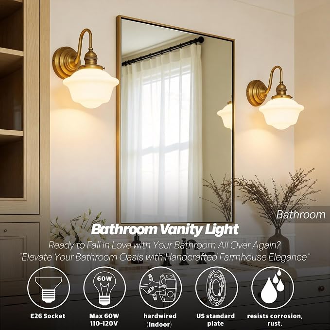 Vintage Wall Sconce Brass Gold Milk Glass Bathroom Vanity Light | 1 Pack,Bathroom Light Fixtures,Antique Brass,Frosted Milk Glass,Hardwired Only,E26 Base,for Bathroom Mirror Hallway