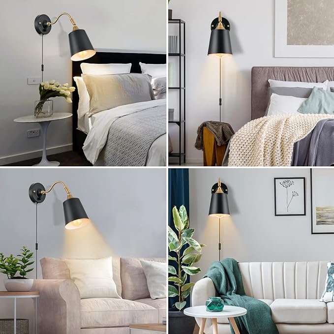 TRLIFE Wall Sconces Plug in, Dimmable Wall Lights with Plug in Cord Adjustable Lighting Angle Wall Mounted Light with On/Off Rotary Switch for Bedside, Bedroom, Over Mirror(2 Pack, 2 Bulbs Included)