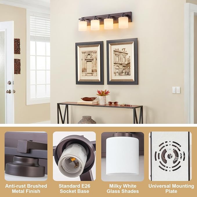 Modern Bathroom Light Fixtures Over Mirror, Vanity Lights for Bathroom Wall Sconces with Milky White Glass Shades, E26 Socket (Bulbs Not Included), 4 Light, Oil Rubbed Bronze