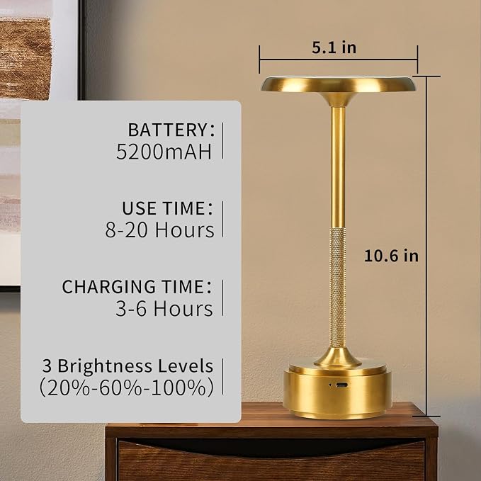 Cordless Rechargeable Modern Metal Table Lamp, Touch Dimming, 3-Color | Gold, 5200mAh Battery, Portable LED Desk Light, Touch Sensor, Suitable for Night Light/Restaurant/Night Stand/Coffee/Bar