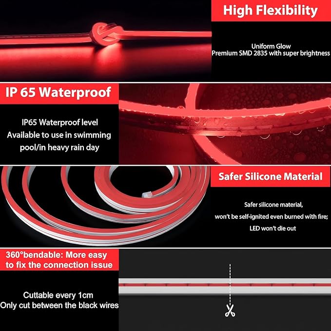 Lamomo Red Led Strip Lights 32.8Ft, 2 Roll Neon Rope Strip 0.39In/Cut, 12V Flex Waterproof Silicone DIY Neon Sign for Kitchen Bedroom Commercial Decor, 6mm Width（Power Adapter not Included）