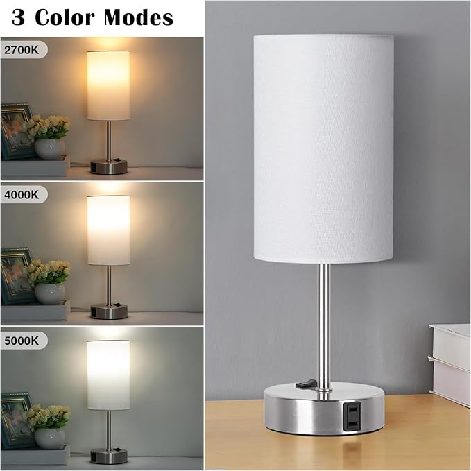 ZJOJO Table Lamp for Bedroom Set of 2, Bedside Small Lamps with 3 Way Dimmable Rocker Switch and AC Outlet, Nightstand Desk Lamp with White Fabric Shade Nickel Base for Living Room Home Decor Lights
