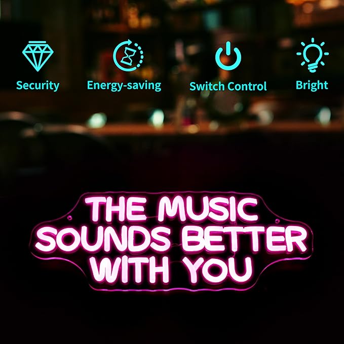 Neon Sign, HSJNJKFU Pink Neon Signs for Wall Decor, Music LED Signs for Party Bedroom Party Birthday Homw Decor, Bar Beer Signs for Man Cave - USB Powered