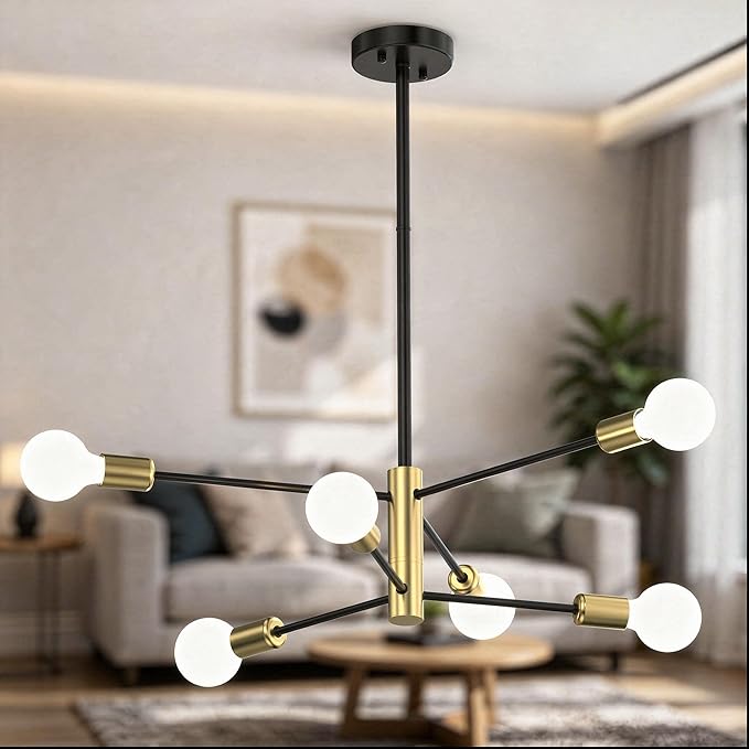 Modern Sputnik Chandeliers for Dining Room, Height Adjustable Semi Flush Black and Gold Chandelier Ceiling Mount Light Fixture 6-Light Mid Century for Living Room, Kitchen Island, Bedroom