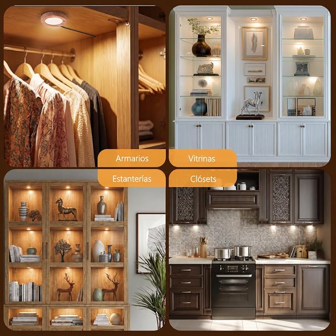 VST 6 Pack Plug-in LED Under Cabinet Puck Lights, Wired Touch Dimmer Switch & RF Remote,CCT 2700K-6000K Adjustable ，Recessed & Surface Mount, 12V/2W UL Listed for Wardrobe Display(Wood, 6 Pack)
