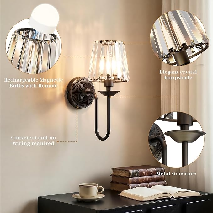 Black Battery Operated Wall Sconces Set of Two, Crystal Wireless Rechargeable Wall Lights with Remote, Dimmable 3 CCT and 12 RGB Cordless Wall Lamps for Bedroom Living Room Hallway Decor