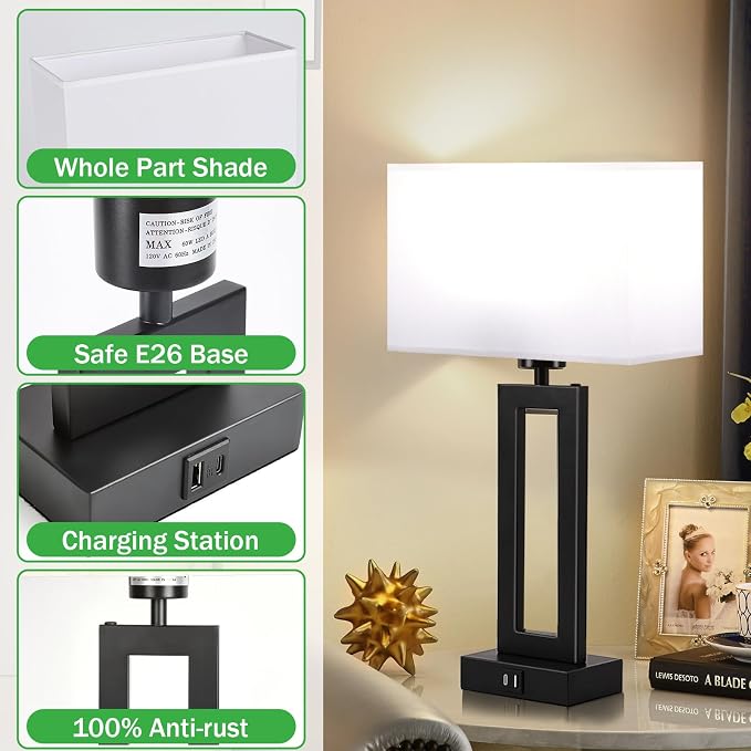 Lamps for Bedrooms - Set of 2 Modern Table Lamps with Touch Control, 3 Way Dimmable, USB C&A Charging, White&Black