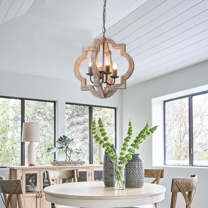 16" Farmhouse Chandelier Orb Distressed Wood Oak Dining Room Light Fixture | Rustic Country Style, Rust-Brown Finish, 4-Light Hanging Pendant Light For Foyer Entryway Kitchen Island Bedroom Over Table