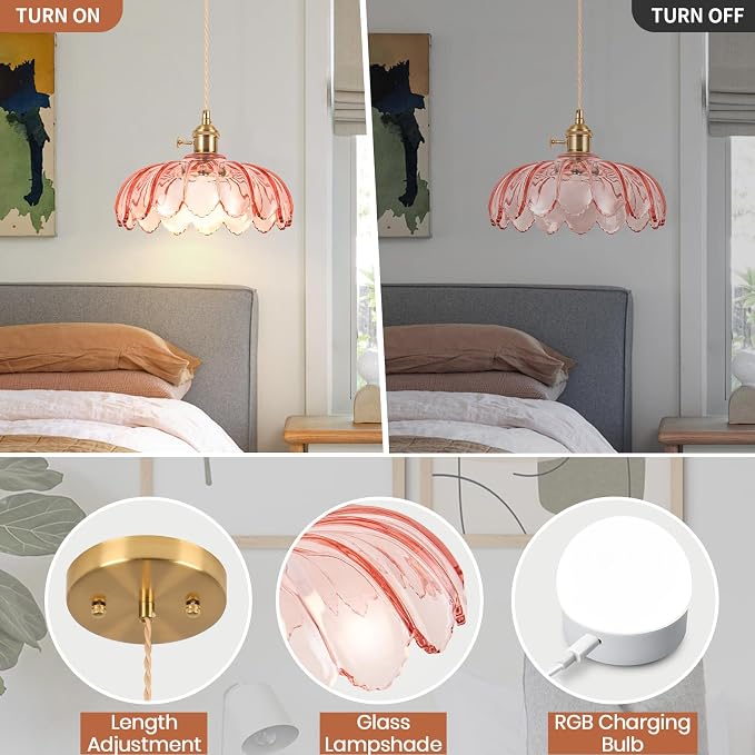 Battery Operated Pendant Light,Pink Vintage Light Fixtures RGB Rechargeable Light Bulb 2500mAh 9.8in with Remote Control Wireless Adjustable Chandelier for Kitchen Island Hallway 1 Light