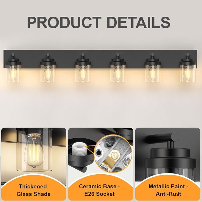 IZORRO Bathroom Vanity Light Fixture, 6-Light 46 Inch Matte Black Bathroom Light Fixtures Over Mirror, with Clear Glass Shade, Modern Farmhouse Vanity Lights, Rustic Restroom Lighting Fixtures