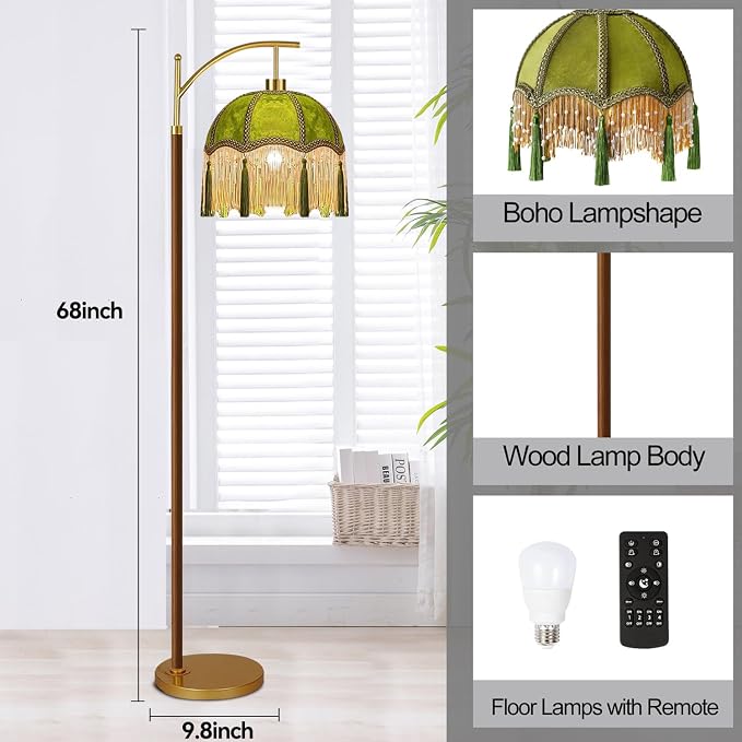 ILLMTW Green Floor Lamp for Living Room,Bedroom,Fringe Standing Lamp with Remote Dimmable,Victorian Mid Century Gold Arc Tall Lamp Boho Vintage Retro Wood Tassel Flower Unique Lamp Tiffany Decor