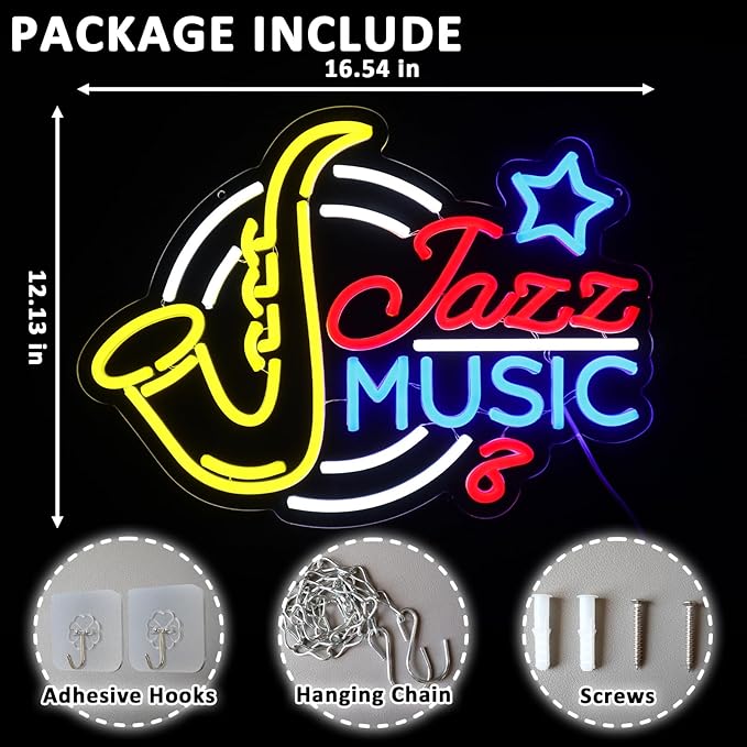 Jazz Music Neon Sign for Wall Decor Dimmable Saxophone Led Sign for Music Studio Vintage Jazz Neon Light for Recording Room Live Show Bar Man Cave Club Party Retro Home Decoration