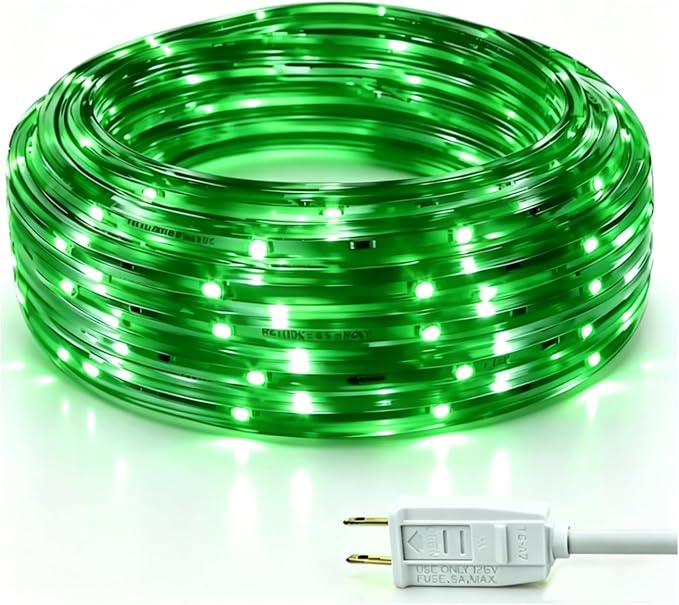 16.4ft Green LED Rope Light Waterproof | Flexible flat design. Connectable. Indoor/outdoor use. Ideal for home, Christmas, garden, patio, party decoration.