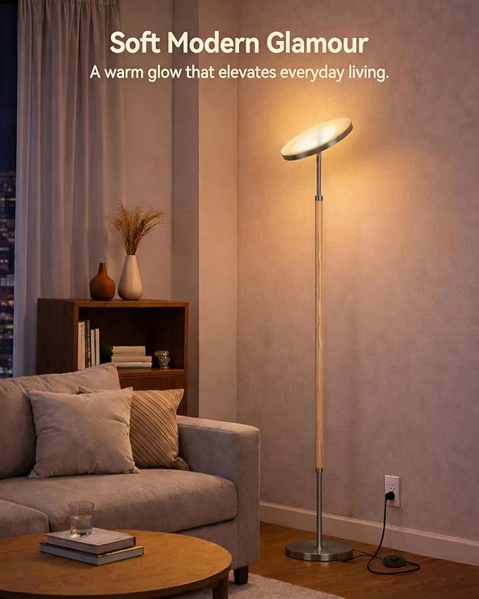 Wood LED Torchiere Floor Lamp with Remote, 3000LM Dimmable | 69" Tall Uplight, 3000K-6500K Color Temperature, 1-Hour Timer, Eye-Caring Lighting, For Living Room, Bedroom & Office