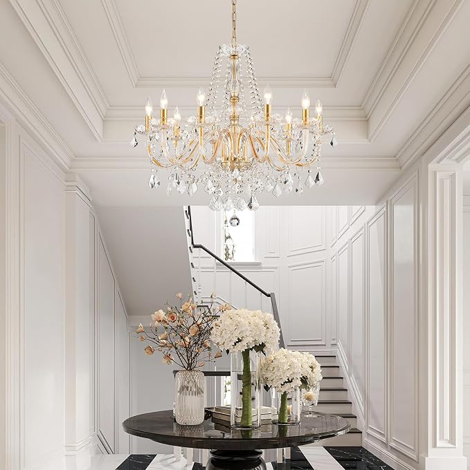 Large Crystal Chandelier, Modern Gold Crystal Chandeliers for Dining Room Light Fixture, 10-Lights Large Gold Pendant Light Fixtures Luxury Chandelier for Living Room Bedroom Foyer Entryway D26.8''