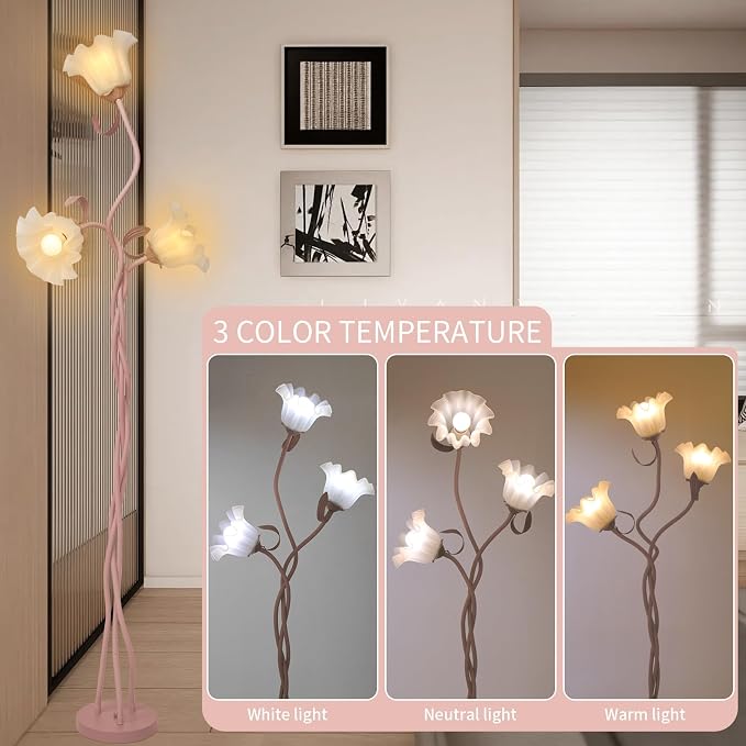 Flower Floor Lamp for Living Room, Tall Standing Reading Lamp with Flexible Neck Shaft for Bedroom Decor, Modern Corner Floor Lamps with 3-Color Temperatures LED Bulb (Pink)