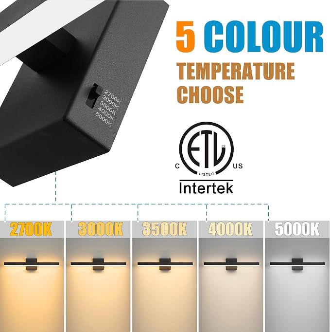 Black Bathroom Vanity Light Fixture 23.6'' 20W Dimmable 5CCT LED Hardwired | Bathroom Light Fixture Over Mirror, Bathroom Wall Sconce, Rust-resistant, ETL Certificated, 2700K/3000K/3500K/4000K/5000K