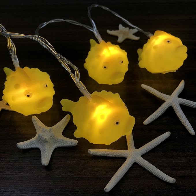 Cute Puffer Fish Night Lights 5.4FT 10 LED Battery Operated Cartoon Animal Fairy String Lights for Bedroom Home Holiday Yellow Theme Party Decoration (Puffer Fish, 1.65m/10LED)