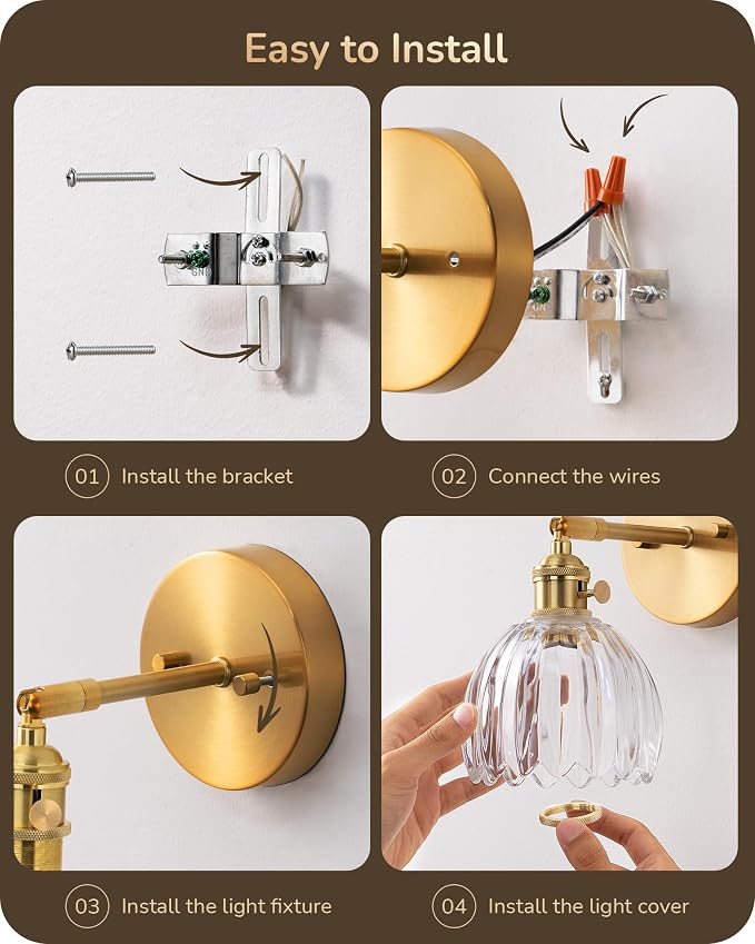 EDISHINE 2-Pack Brass Gold Sconces, 180° Adjustable Tulip Glass Wall Lamps | Hardwired, Rotary ON/OFF Switch, E26, Vintage & Modern Style for Bathroom, Bedroom, Hallway