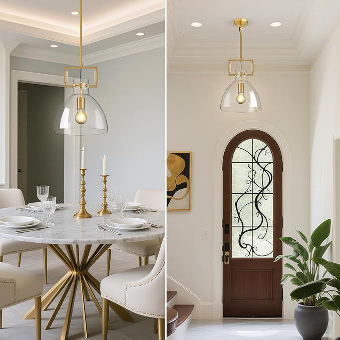 Mondern Large Gold Kitchen Island Pendant Light, 10 '' W 1-Light Glass and Brass Island Pendant Lights,Dome Pendant Light, for Kitchen,Dining Room,Bathroom,Bar