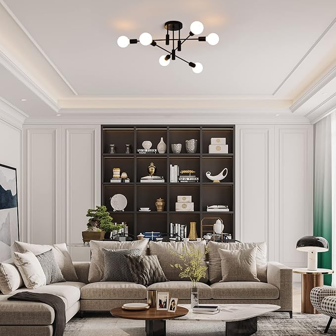 Garwarm Black Sputnik Ceiling Light Fixture, 6-Lights Semi Flush Mount Ceiling Light, Modern Kitchen Chandelier for Dining Room Bedroom Entryway Hallway