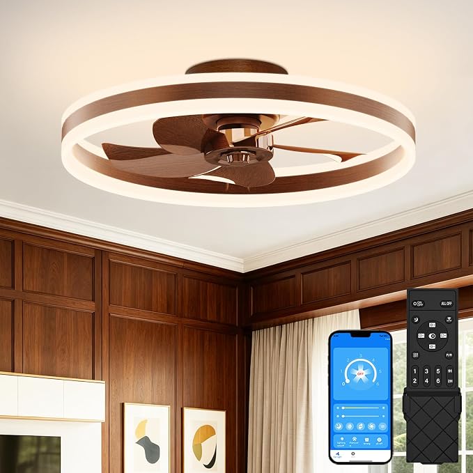 VOLISUN Low Profile Ceiling Fans with Lights and Remote, 20in Flush Mount Ceiling Fans with Light, 3000K-6500K Dimmable Fandelier LED Fan Light, Farmhouse Ceiling Fans with Lights for Bedroom