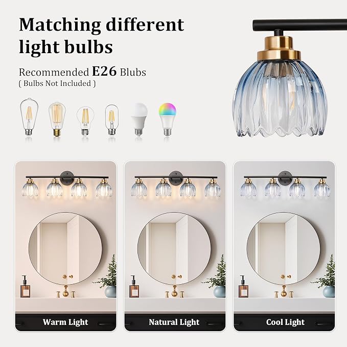 TALOYA Black Gold 4-Light Bathroom Vanity Light with Blue Tulip Glass Shade | Modern Vanity Lighting Fixtures, Bathroom Lights Over Mirror, Wall Mount Mirror Light Fixtures for Bathroom Hallway Bedroom