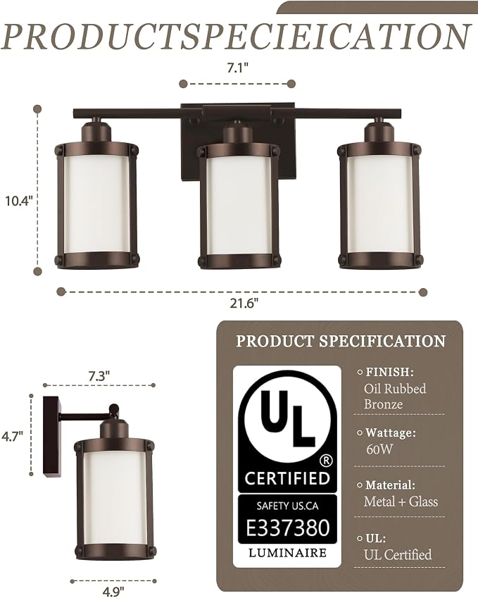3-Light Oil Rubbed Bronze Bathroom Light Fixtures Over Mirror with Frosted Milk Glass and Metal Cage Shade, 21" UL-Listed Modern Farmhouse Wall Sconce for Bath, Hardwire E26, OS-3014ORBW-3W