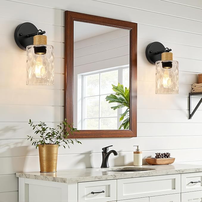 MOKATNG Set of 2 Wall Sconces for Bathroom, Coastal Modern Vanity Lights with Crystal Glass Shade, Black Bathroom Wall Lamp for Mirror Kitchen Living Room Hallway Cabinet Porch