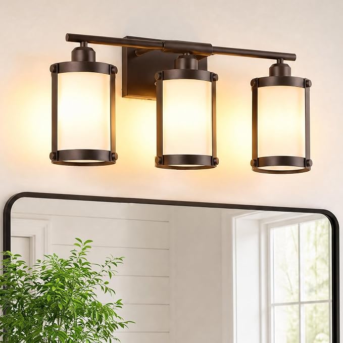 3-Light Oil Rubbed Bronze Bathroom Light Fixtures Over Mirror with Frosted Milk Glass and Metal Cage Shade, 21" UL-Listed Modern Farmhouse Wall Sconce for Bath, Hardwire E26, OS-3014ORBW-3W