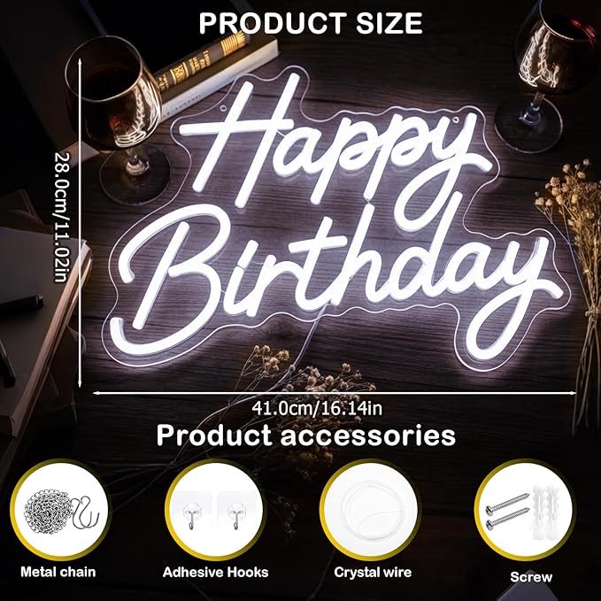 Happy Birthday Neon Sign for Wall Decor, LED Happy Birthday Light Up Sign, Dimmable Happy Birthday Neon Lights for Backdrop All Birthday Party Decoration, USB Powered White